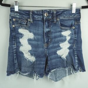 American Eagle Hi Rise Shortie Distressed Raw Hem Denim Jean Shorts Size…‎